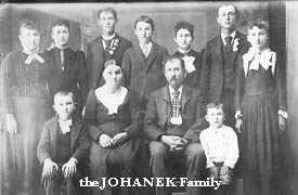 The JOHANEK Family, Esbon, Jewell Co. KS circa 1890 standing ltor : Mary (later HAJNY) Anna (later McGINNIS) George, Jacob Jr. Tony (later McGUINNIS, John, Elisabeth (later CONRAD), seated ltor : Martin, Mary (HRDINA), Jacob Sr. & William JOHANEK