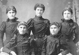 MORAVEK Sisters : Front Row, l to r :   Delia LORENCE, Ella PEROUTEK   Back Row, l to r :   Fanny MATOUSSEK, Millie KINDLER, & Emma PEROUTEK, Esbon, Jewell Co. KS c1900